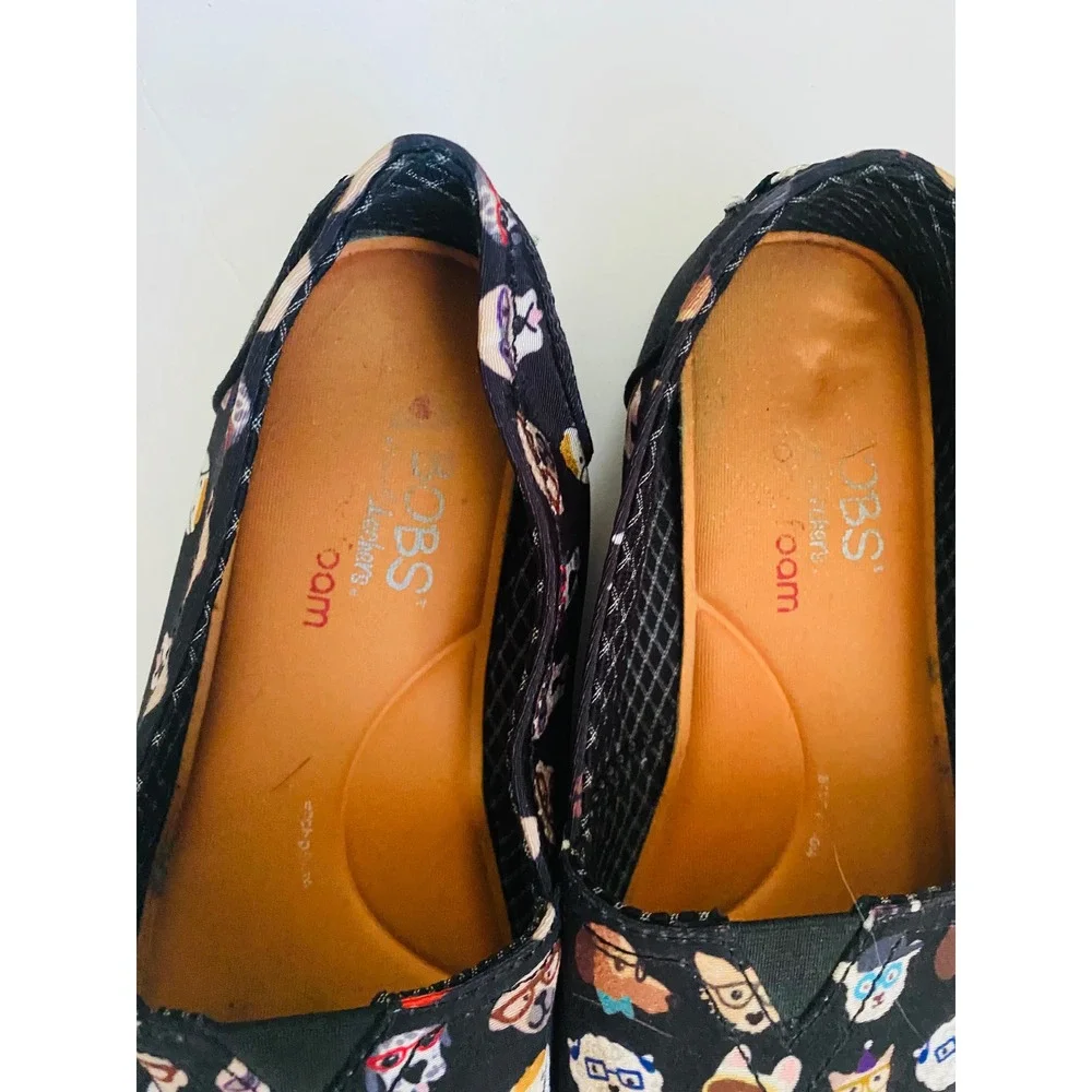 Skechers BOBS for Dogs Womens‎ Black Dog Print Glasses Slip On Flats Shoes 8.5
